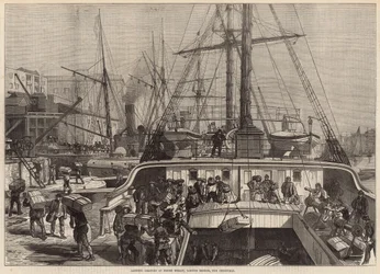 Scarico delle arance a Fresh Wharf, London Bridge, per Natale