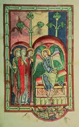 Lansdowne 383 f.13 Le donne al sepolcro, dal Salterio di Shaftesbury, West Country, c.1130-40 (pergamena)