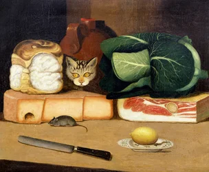 Natura morta con dispensa e un gatto che caccia un topo, c.1840