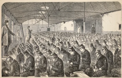 Grande sala per la lavorazione della stoppa (sotto il Sistema Silenzioso) alla Casa di Correzione di Middlesex, Coldbath Fields, illustrazione da The Criminal Prisons of London and Scenes from Prison Life di Henry Mayhew e John