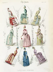 Ultime mode di Parigi, nove abiti da giorno in una tavola di moda da un supplemento a The Queen, maggio 1885