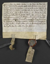 Atto latino con rinuncia ebraica (allegato al sigillo), con cui Jacob ben Aaron cede un terreno a William le Briel. Inghilterra