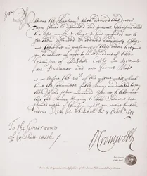 Lettera al governatore del castello di Calshott da Oliver Cromwell, 1651, facsimile dall