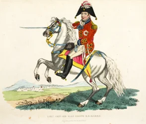 Tenente Generale Sir Eire Coote KB, KC e MP, pub. da Richard Evans, inciso da Romney, illustrazione da An Historical Account of the Battle of Waterloo di William Mudford, 1816