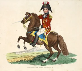 Tenente generale Sir John Moore KB, pubblicato da Richard Evans, inciso da Romney, illustrazione da Un resoconto storico della battaglia di Waterloo di William Mudford, 1816