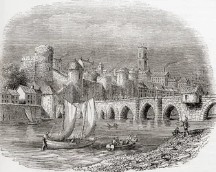 Limerick, Contea di Limerick, Irlanda, con il Castello di Re Giovanni sul fiume Shannon e il ponte Thomand, da Old England: A Pictorial Museum, pub. 1847
