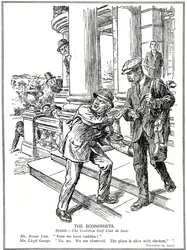 Lloyd George e Bonar Law al Coalition Golf Club, timorosi della Anti-Waste League, devono rinunciare al lusso dei caddie, dicembre 1920