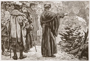Lutero brucia la bolla papale, illustrazione da La storia del protestantesimo di James Aitken Wylie (1808-1890), pub. 1878