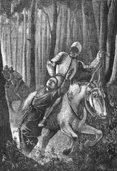 Lutero attaccato da cavalieri mascherati nella foresta della Turingia, illustrazione da La storia del protestantesimo di James Aitken Wylie (1808-1890), pub. 1878