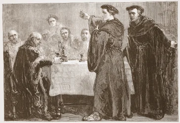Lutero che sfida Carlstadt a scrivere contro di lui, illustrazione da La storia del protestantesimo di James Aitken Wylie, pub. 1878