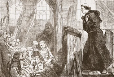 Lutero predica nella vecchia chiesa di legno a Wittemberg, illustrazione da La storia del protestantesimo di James Aitken Wylie (1808-1890), pub. 1878