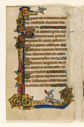 MS 1-2005, fol. 115v: Un coniglio che cavalca un segugio, caccia, decorazione marginale dal Salterio di Macclesfield, Uso di Sarum, East Anglia, c.1330
