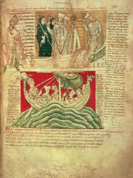 MS CCC 157 p.383 Le visioni sognate da Re Enrico I in Normandia nel 1130, dal Worcester Chronicle, c.1130-40 (pergamena) inserito c.1140 da Giovanni di Worcester nella cronaca iniziata da Florenzio di Worcester (m.1118); una delle cronache più antiche sopr