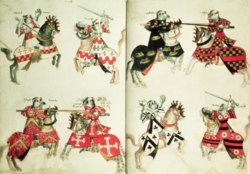 Cavalieri in giostra che mostrano emblemi araldici (pergamena)