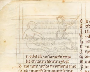 Sottodisegno per una miniatura che mostra un cacciatore che cattura un unicorno sdraiato nudo in grembo a una vergine, dal 