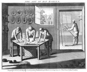 Fabbricazione di cappelli di castoro, da The Universal Magazine, Londra, pub. nel 1750