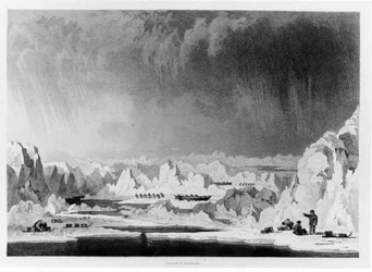 Manovrare le barche attraverso i blocchi di ghiaccio, illustrazione da Narrazione di un tentativo di raggiungere il Polo Nord di William Parry, inciso da Edward Finden, pubblicato nel 1828