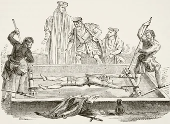 Uomo torturato sulla rastrelliera, da "The National and Domestic History of England" di William Hickman Smith Aubrey (1858-1916) pubblicato a Londra, 1890 circa (litografia)