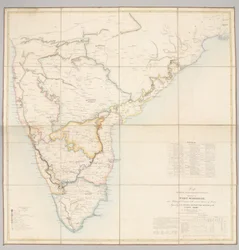 Mappa che mostra la partizione attuale del paese dipendente da Fort St. George in divisioni militari con diverse stazioni di truppe