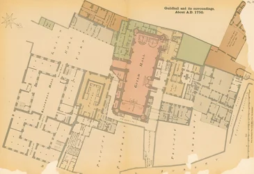Mappa della Guildhall, Londra, e dintorni circa 1750
