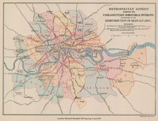 Mappa della Londra Metropolitana che mostra i Borghi e le Divisioni Parlamentari, 1885