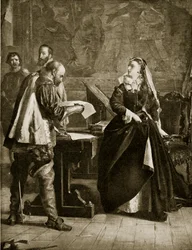 Maria Stuarda firma la sua abdicazione, luglio 1567, illustrazione da Hutchinsons Story of the British Nation