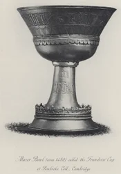 Coppa Mazer (circa 1480) chiamata la Coppa della Fondatrice al Pembroke College di Cambridge (incisione)