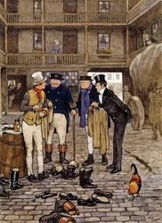 I membri del club Pickwick incontrano Sam Willer Illustrazione delle opere di Charles Dickens (1812-1870) dalla scuola inglese. 1837 Collezione privata
