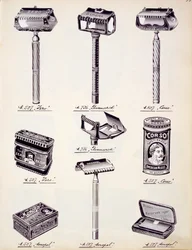 Attrezzatura per la rasatura degli uomini, da un catalogo commerciale di beni domestici e accessori, c.1890-1910