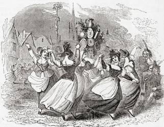 Danza della lattaia, con pila di piatti, May Day, Inghilterra, da Old England: A Pictorial Museum, pub. 1847