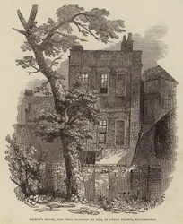 Casa di Milton e albero piantato da lui, in Petty France, Westminster (incisione)