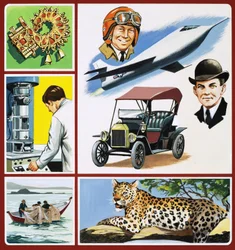 Montaggio di immagini tra cui gioielli, uno scienziato al microscopio elettronico, ecc.