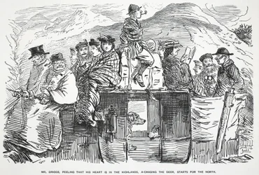 Mr. Briggs, sentendo che il suo cuore è nelle Highlands, a caccia del cervo, parte per il Nord, illustrazione da Punch
