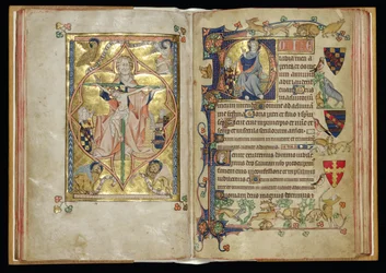 Ms 242 ff.28v-29r La Trinità e il Trono della Misericordia in una iniziale istoriata D, dalle Ore Packham-Clifford, Uso di Sarum, c.1314-31