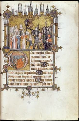 Ms 38-1950, f.29r: Davide alla testa di una processione che porta la testa di Golia su una lancia, dal Salterio di Bohun, c.1370