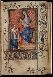 Ms 48, f.86r: Il proprietario del manoscritto che prega la Vergine e il Bambino, dalle Ore di Carew-Poyntz, Uso di Sarum, c.1390-1400