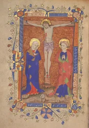 Ms 515 fol.108r Crocifissione con Santa Maria e San Giovanni Battista, dal Messale di St. Botolph Aldersgate, c.1420-30