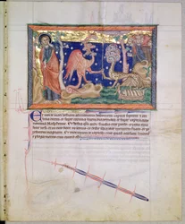 Il drago rosso consegna il suo potere alla bestia del mare, dal Gulbenkian Apocalypse, c.1265-70