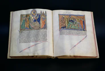 Ms L.A. 139-Lisboa fol.37v-38 La bestia che bestemmia il nome di Dio e il popolo che adora la 3ª e la 2ª bestia, dall