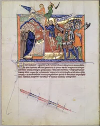 Il Guerriero Divino guida un esercito contro coloro che attaccano i fedeli, dal Gulbenkian Apocalypse, c.1265-70