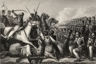 Cavalleria ribelle che attacca una piazza di fanteria nella Battaglia di Cawnpore nel 1857, da 