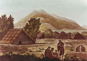 Nativi, con capanne e montagne sullo sfondo, inciso da F. Fumagalli