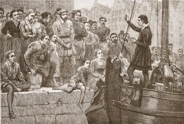 Nicola che predica alla folla da una barca sul fiume Schelda, illustrazione da La storia del protestantesimo di James Aitken Wylie, pub. 1878