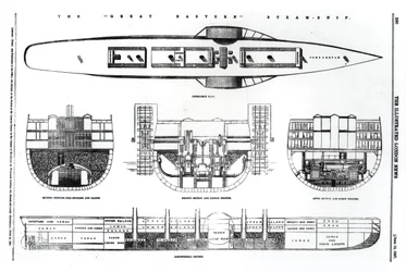 Piano e sezioni trasversali del piroscafo Great Eastern, 1857