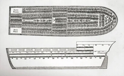 Pianta che mostra come gli schiavi venivano trasportati a bordo di una nave negriera nel XVIII secolo, incisione.