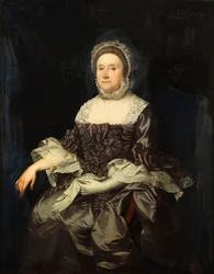 Ritratto di Deborah Worsley di Platt, seduta a tre quarti di lunghezza, in un vestito malva con colletto e polsini di pizzo bianco, che tiene un paio di guanti, c.1760
