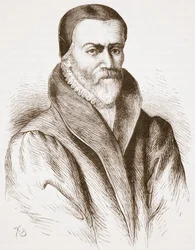 Ritratto di William Tyndale (da una vecchia incisione nella Bibliothèque Nationale), illustrazione da The History of Protestantism di James Aitken Wylie, pub. 1878