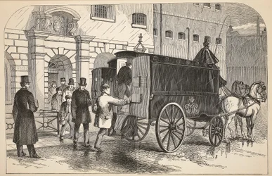 Furgone della prigione che prende i prigionieri alla Casa di Detenzione, illustrazione da Le Prigioni Criminali di Londra e Scene dalla Vita Carceraria di Henry Mayhew e John Binny, pub. 1862