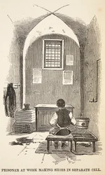 Prigioniero al lavoro a fare scarpe in cella separata, illustrazione da Le Prigioni Criminali di Londra e Scene dalla Vita Carceraria di Henry Mayhew e John Binny, pub. 1862