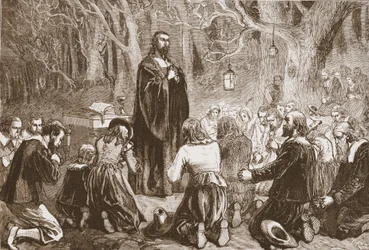 Culto protestante di notte nella chiesa del deserto, illustrazione da The History of Protestantism di James Aitken Wylie, pub. 1878